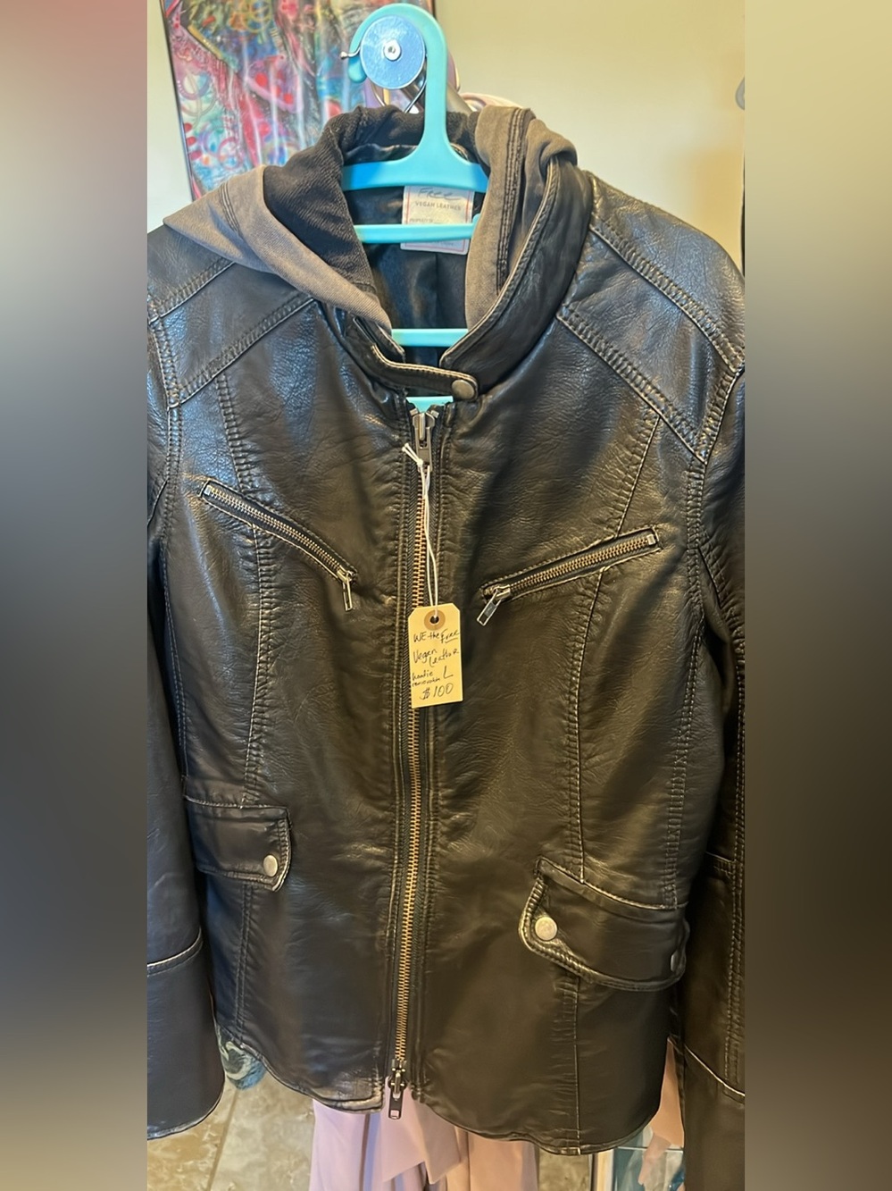 Free People Black Faux Leather Bomber Jacket with Hood